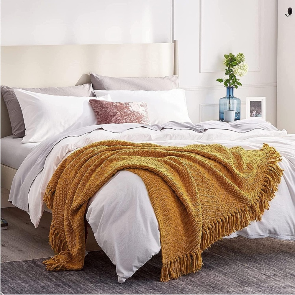 West Elm Teal Mint Trendy Gift Soft Cozy Chevron Tassel Throw Blanket Bedding - Picture 10 of 15